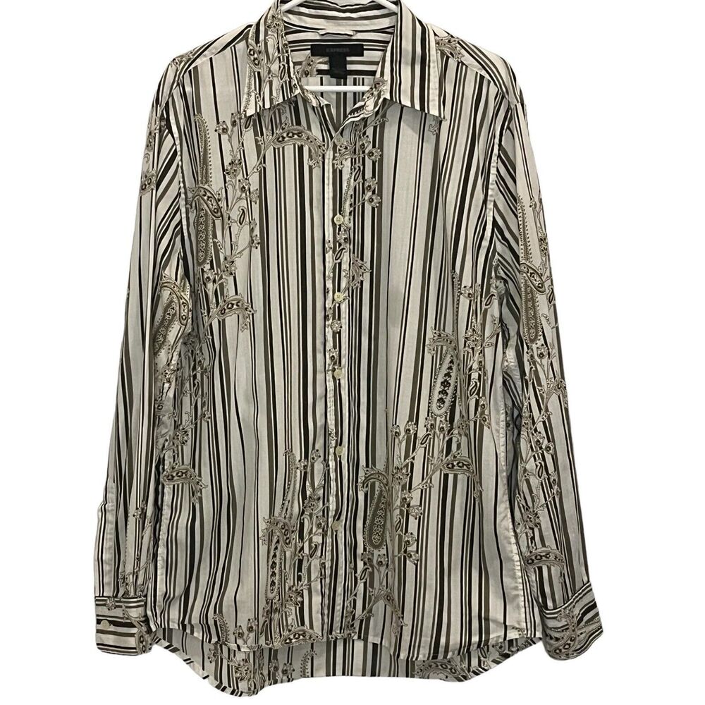 Express Men's White Brown Print Stripe Button Down Long Sleeve Y2K Shirt Large